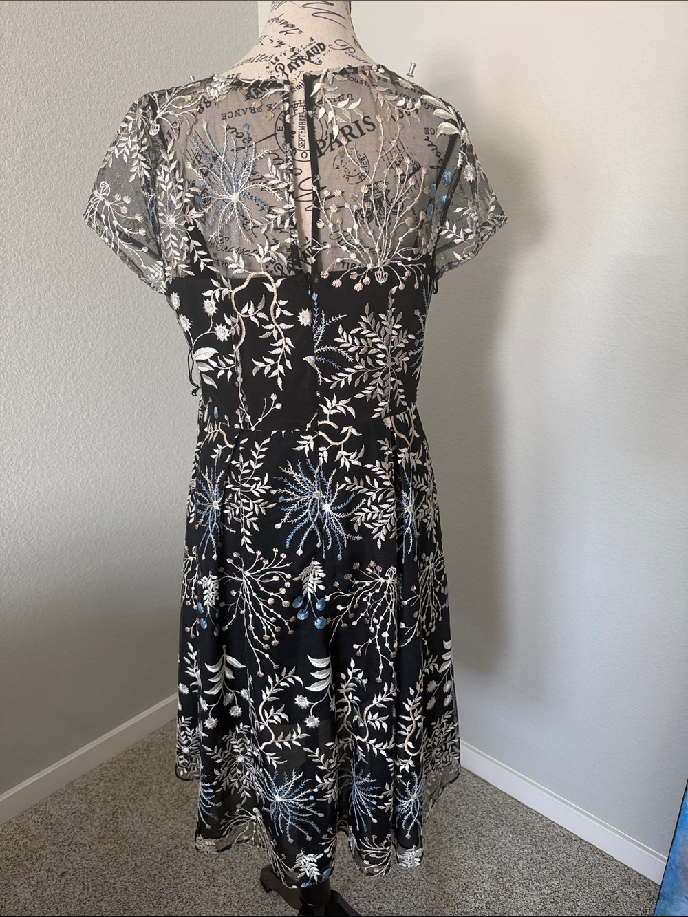 Adrianna Papell Black Sheer Yoke Floral Embroidered Fit & Flare Dress - Picture 4 of 5
